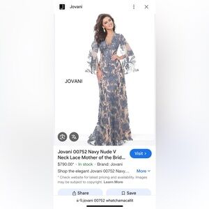 Jovani Blue Lace Gown with Sheer Sleeves